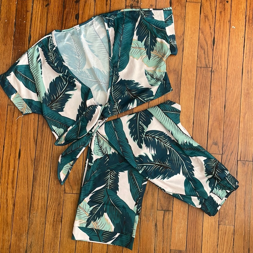 Palm and pink crop top and wide leg pant set